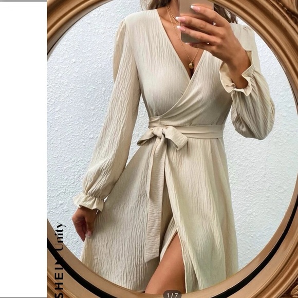 SHEIN Dresses & Skirts - Beige flowing wrap dress mud thigh length crepe no wrinkle material size L